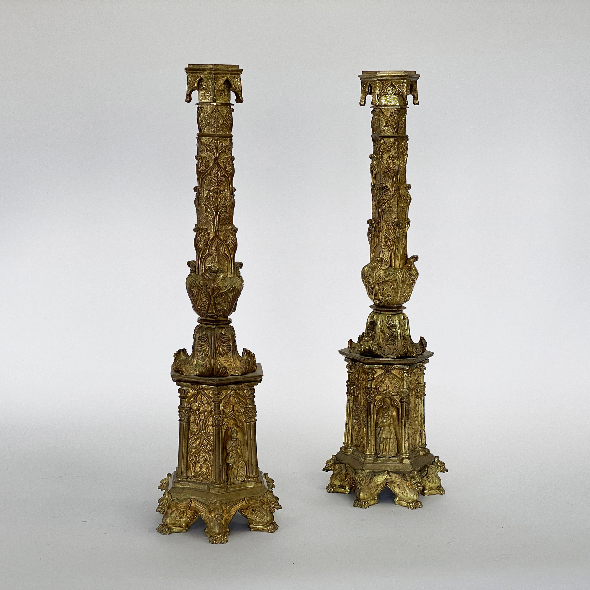 Pair of Bronze Doree Gothic Candlesticks. Circa 1850 SOLD